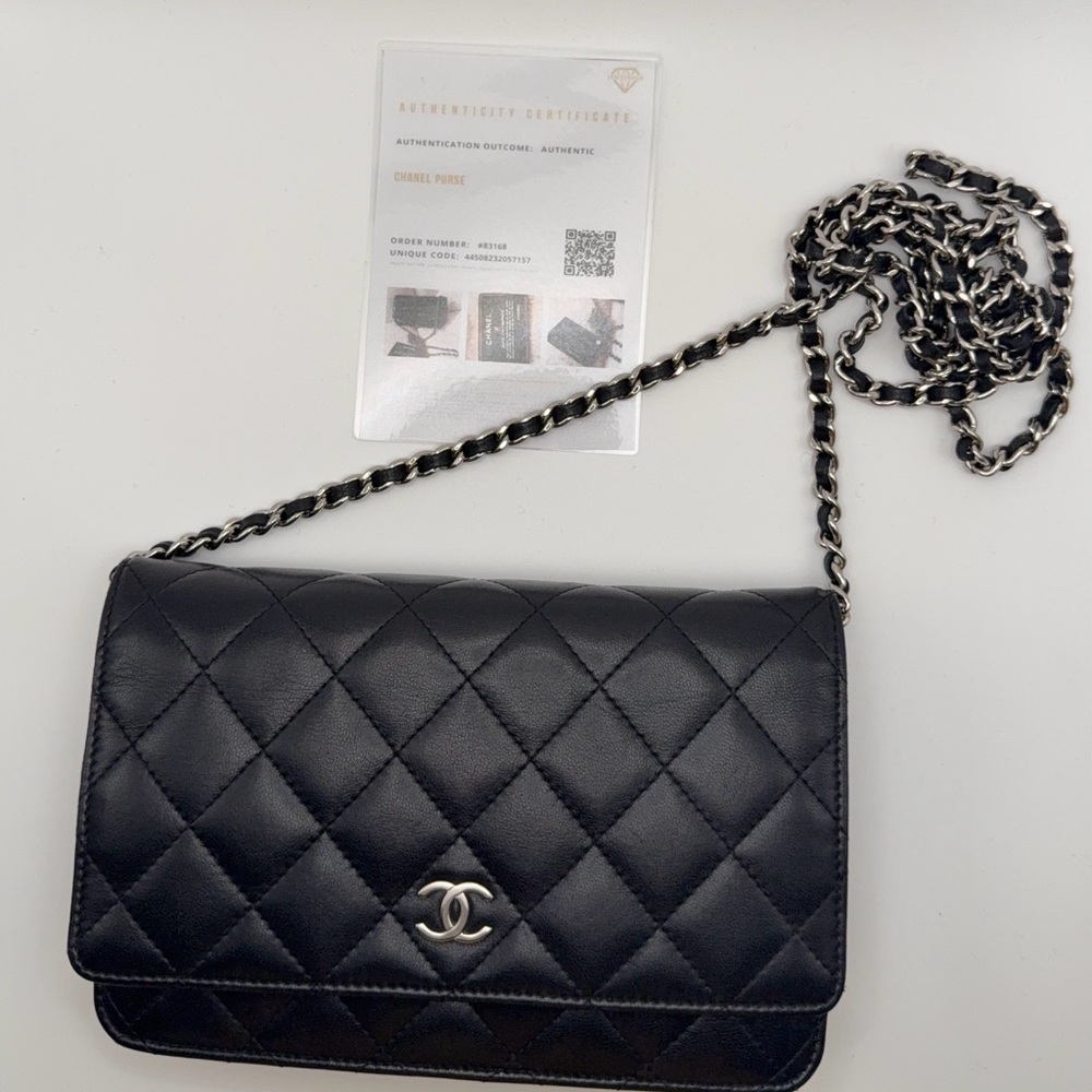 Authentic Chanel Classic Black Lambskin Wallet On Chain